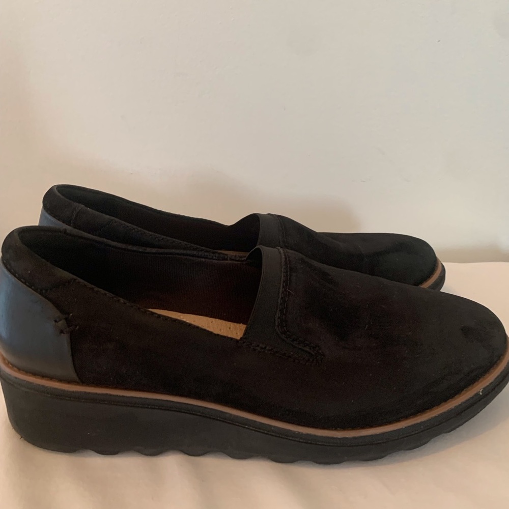 Clarks Black Suede Slip-On Wedge Loafers